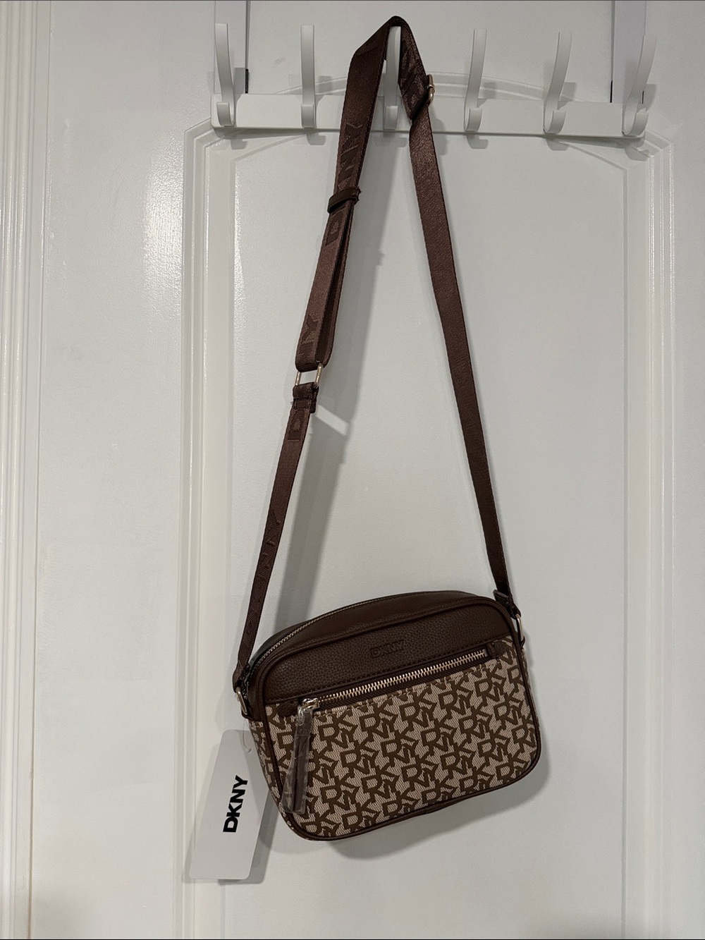DKNY Brown and Beige Signature Logo Crossbody Bag